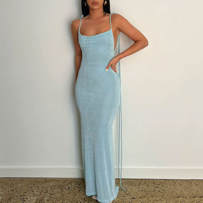 Solid Halter Backless Maxi Dress