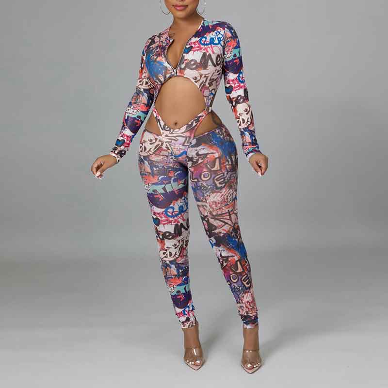 Print Long Sleeve Cut Out Skinny Jumpsuit