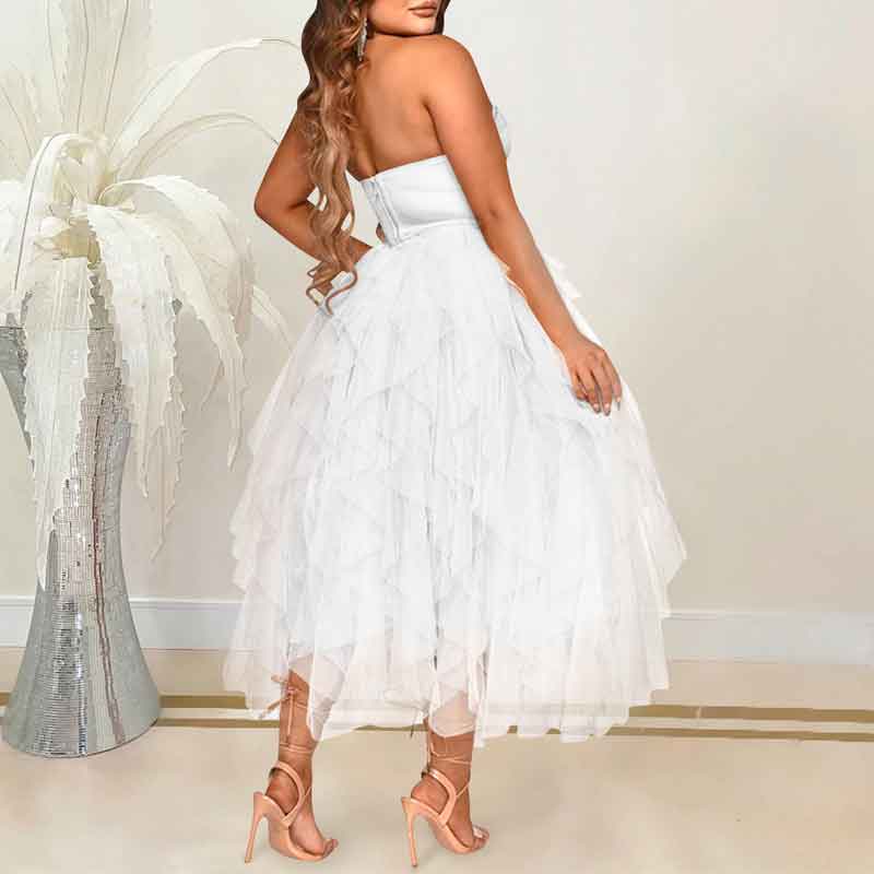 Rhinestone Off Shoulder Sheer Mesh Tulle Dress