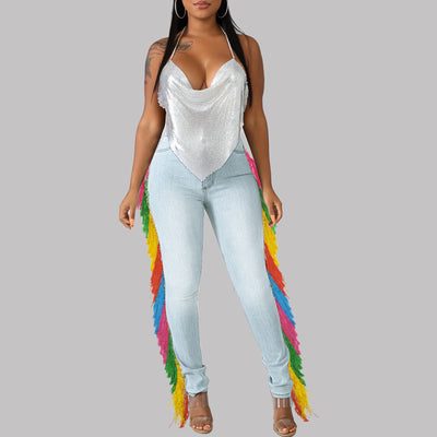 Colorful High Waist Tassel Design Denim Pants