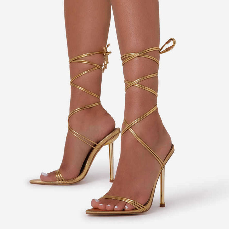 Solid Pointed Toe Bandage Thin Heeled Sandals