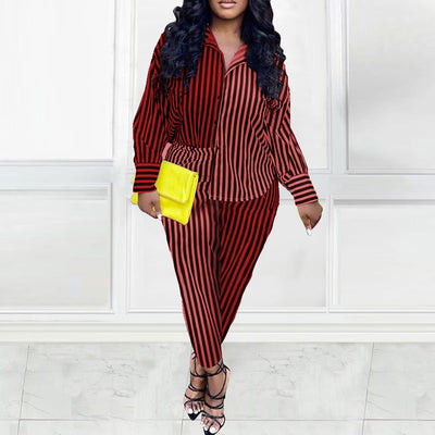 Striped Pattern Long Sleeve Button Detailed Blouse & Pants Set