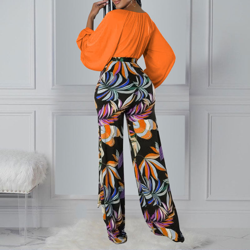 Solid Deep V-Neck Lantern Sleeve Top & Print Pants Set