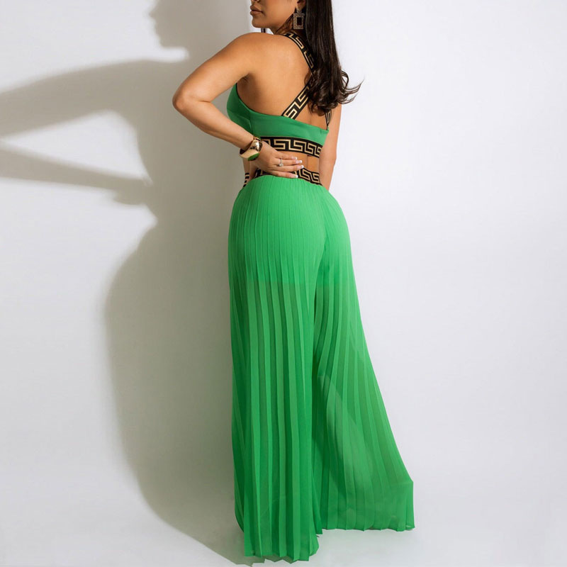 Print Sleeveless Crop Top & Wide Leg Pants Set