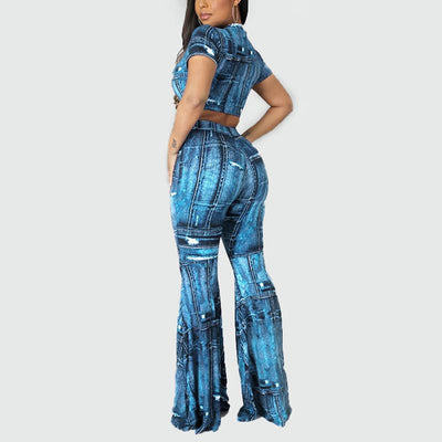 Print Short Sleeve Crop Top & Pants Set