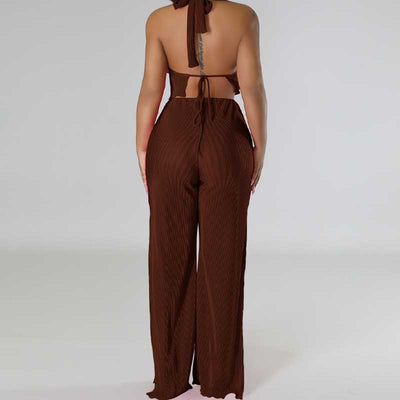 Solid Halter Backless Top & High Slit Pants Set