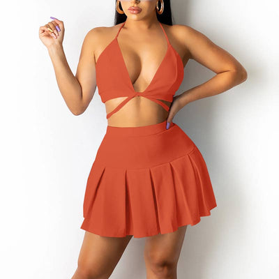 Solid Sleeveless Deep V-Neck Pleated Skirt Set