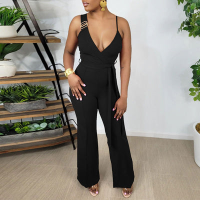 Solid Deep V-Neck Sleeveless Belted Wide Leg Jumpsuit