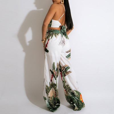 Leaf Print Sleeveless Crop Top & Loose Pants Set