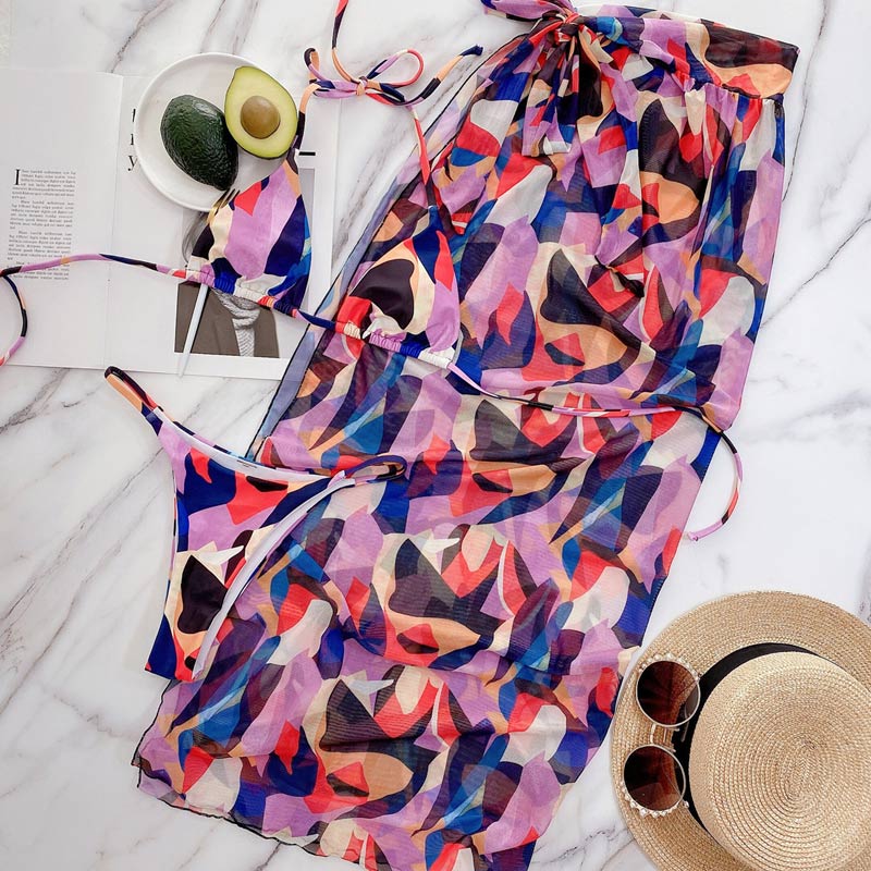 Geometric Print Sleeveless Three Piece Swimsuit Set