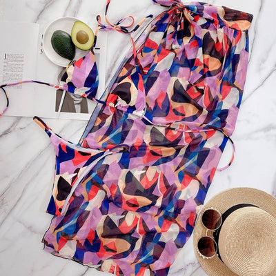 Geometric Print Sleeveless Three Piece Swimsuit Set