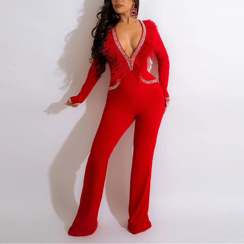 Rhinestone Deep V-Neck Feather Design Jumpsuit