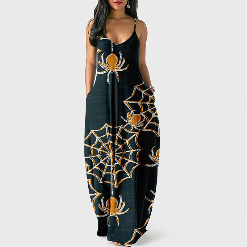 Halloween Pumpkin Print Pocket Design Spaghetti Strap Maxi Dress