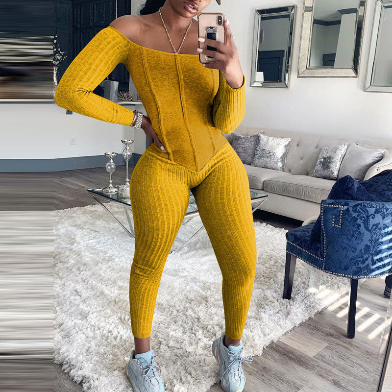 Solid Long Sleeve Off Shoulder Ribbed Jumpsuit