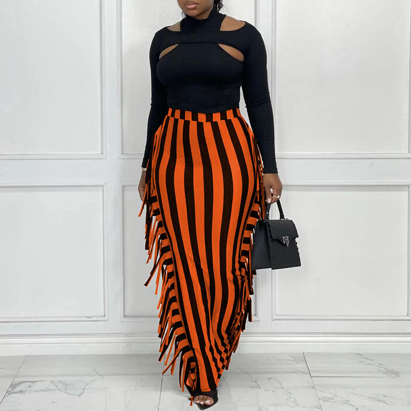 Striped Pattern High Waist Tassel Design Skirt