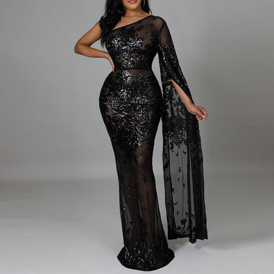 Sequins One Shoulder Long Sleeve Maxi Dress