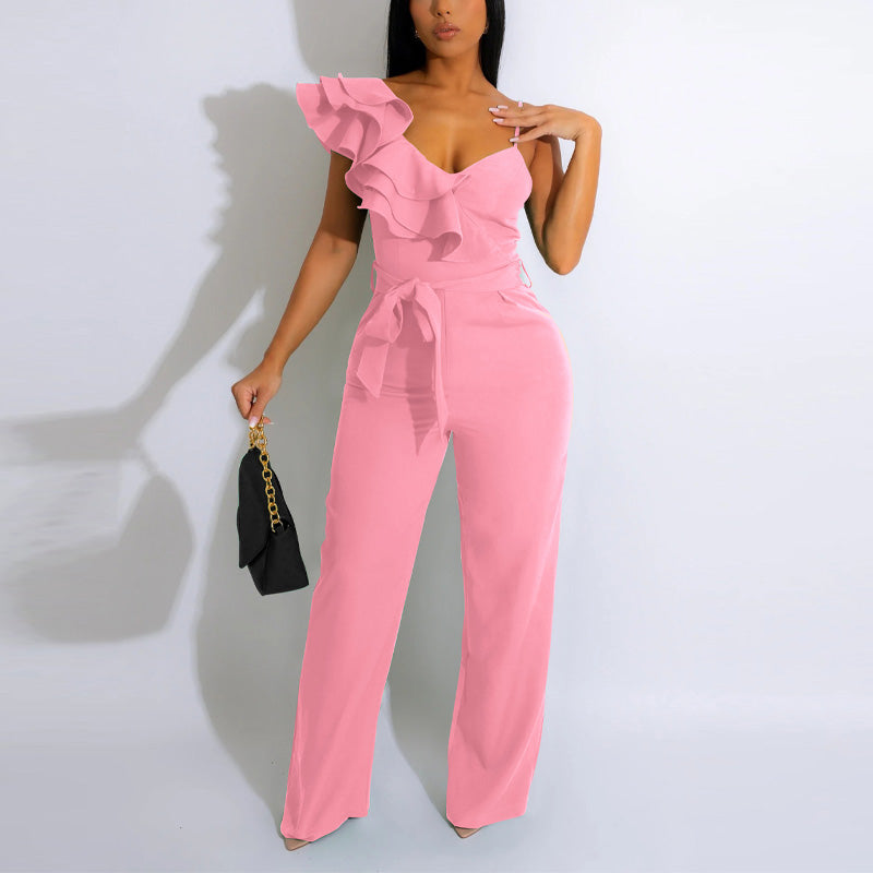 Solid Oblique Shoulder Ruffled Belted Jumpsuit