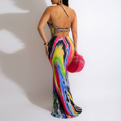 Tie Dye Print Sleeveless Bandage Maxi Dress