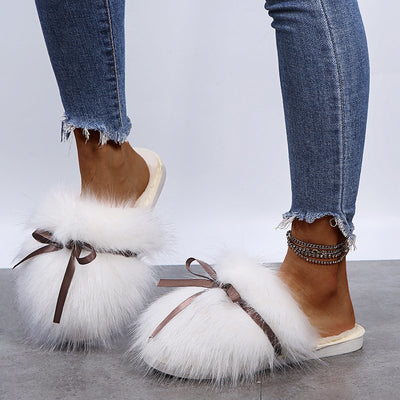 Solid Bowknot Decoration Fluffy Sandals