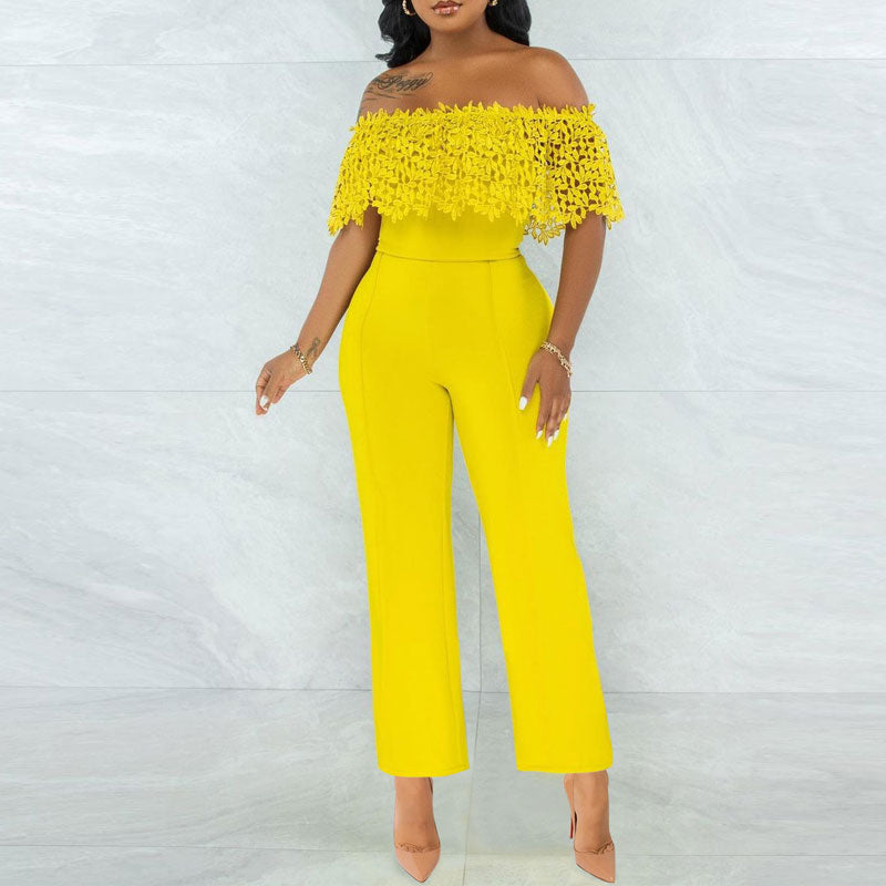 Solid Off Shoulder Sleeveless Lace Jumpsuit