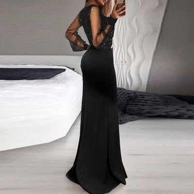 Rhinestone Sheer Mesh Patchwork Ruffle Design High Slit Dress