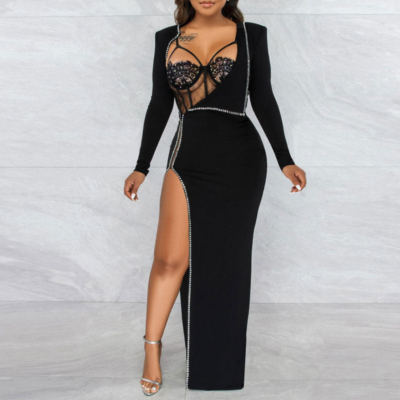 Rhinestone Long Sleeve High Slit Maxi Dress & Sheer Mesh Bodysuit Set