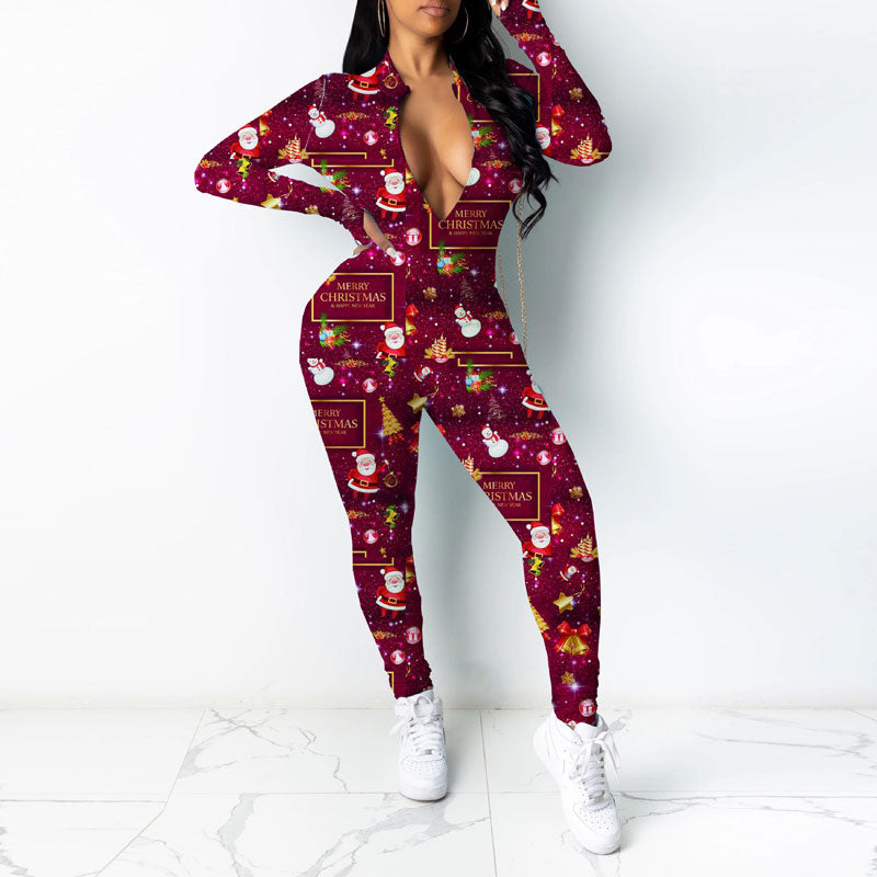 Christmas Pattern Long Sleeve Zipper Design Skinny Jumpsuit