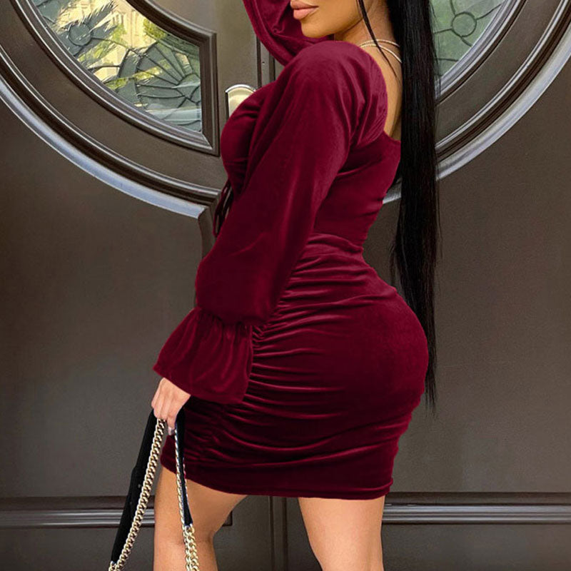 Velvet Long Sleeve Cut Out Ruched Bodycon Dress