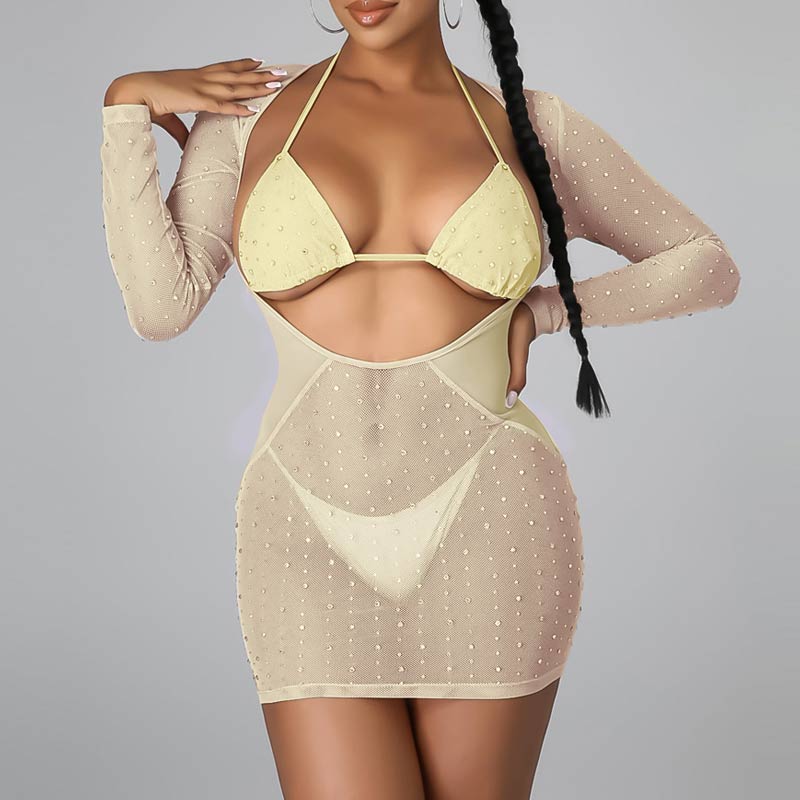 Solid Rhinestone Sheer Mesh Three Piece Set