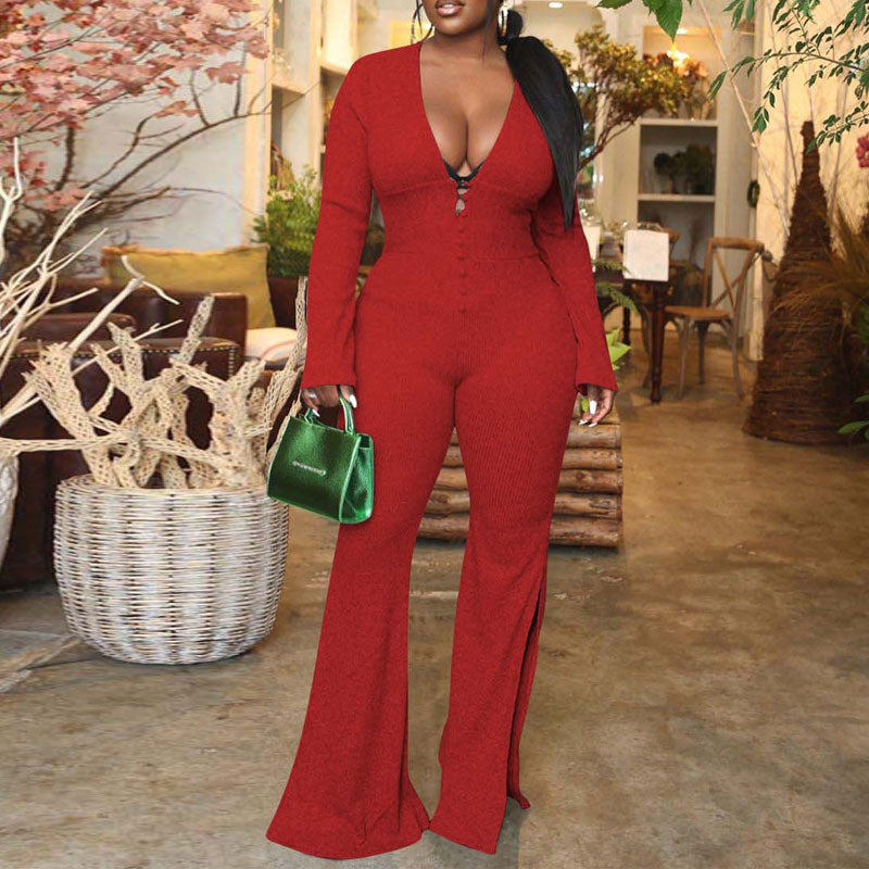 Solid Deep V-Neck Long Sleeve Slit Jumpsuit