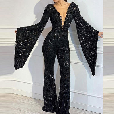 Sequins V-Neck Batwing Sleeve Sheer Mesh Patchwork Jumpsuit