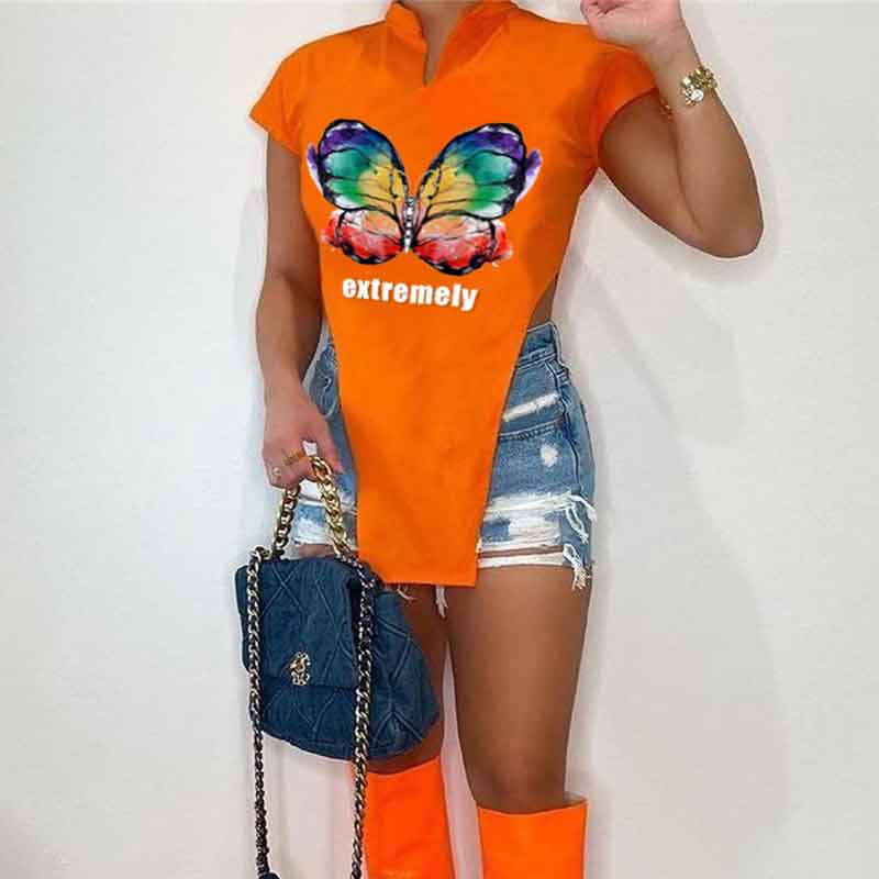 Solid Butterfly Print Slit Top