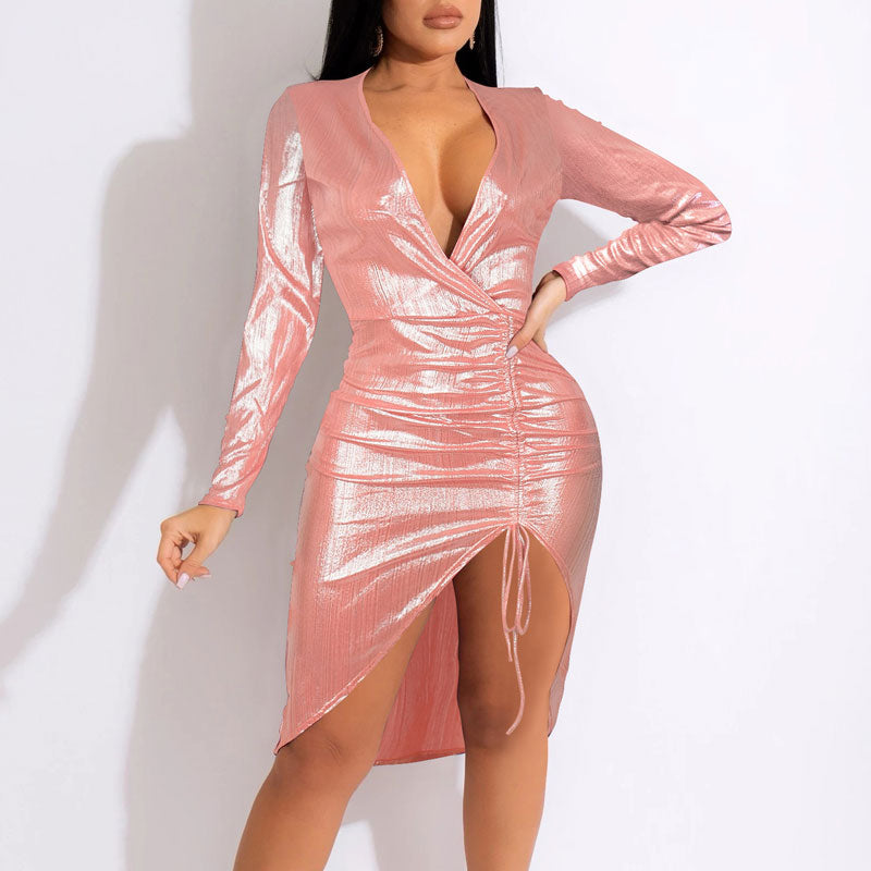 Solid Deep V-Neck Long Sleeve Drawstring Bodycon Dress