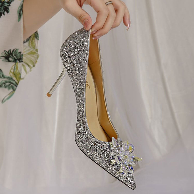 Sequins CryStal Floral Decoration Thin Heeled Wedding Sandals