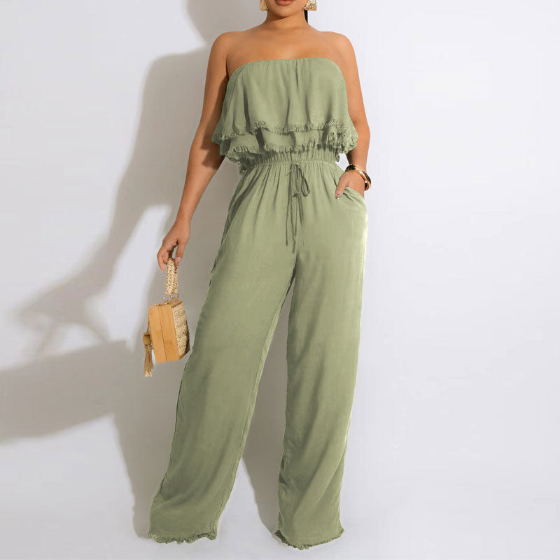 Solid Off Shoulder Ruffles Belted Jumpsuit