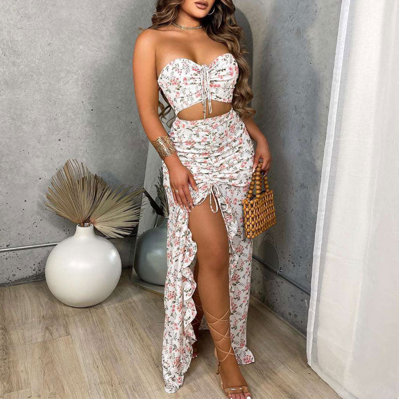 Floral Print Off Shoulder Tube Top & Slit Skirt Set