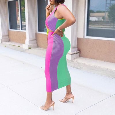 Colorblock Sleevelss Drawstring Tank Top & Skirt Set