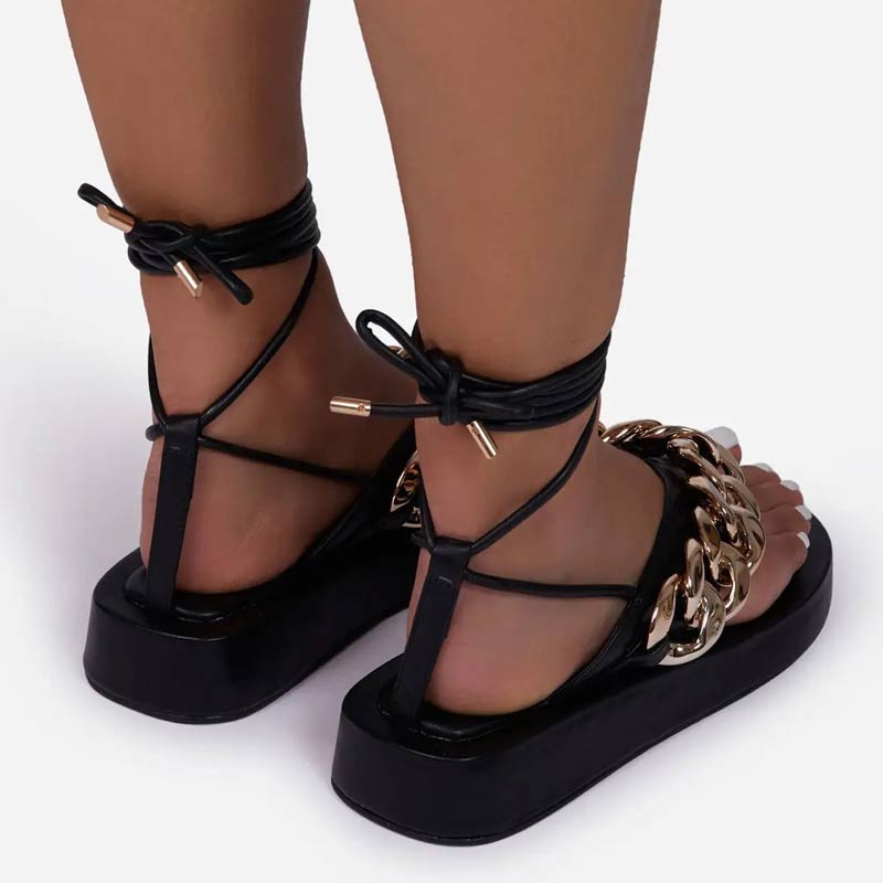 Chains Decoration Lace Up Flat Sandals