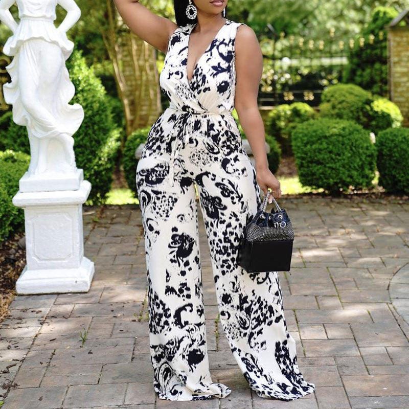 Print Deep V-Neck Sleeveless Loose Jumpsuit With Belt