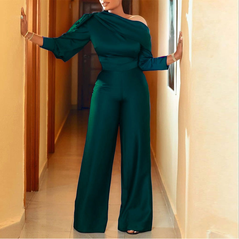 Solid One Shoulder Long Sleeve High Waist Jumpsuit