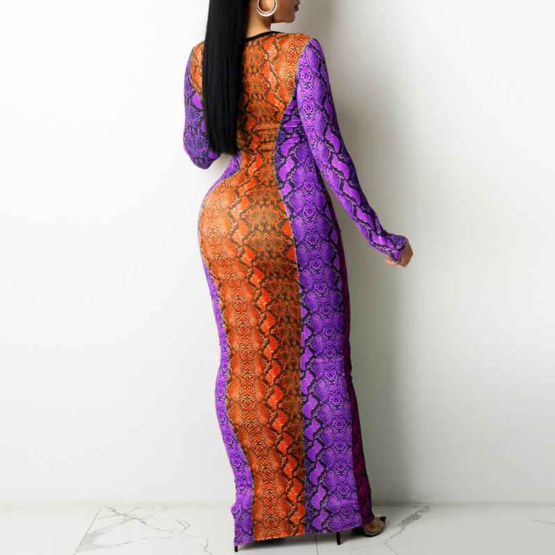 Snakeskin Print Long Sleeve Hollow Out Maxi Dress