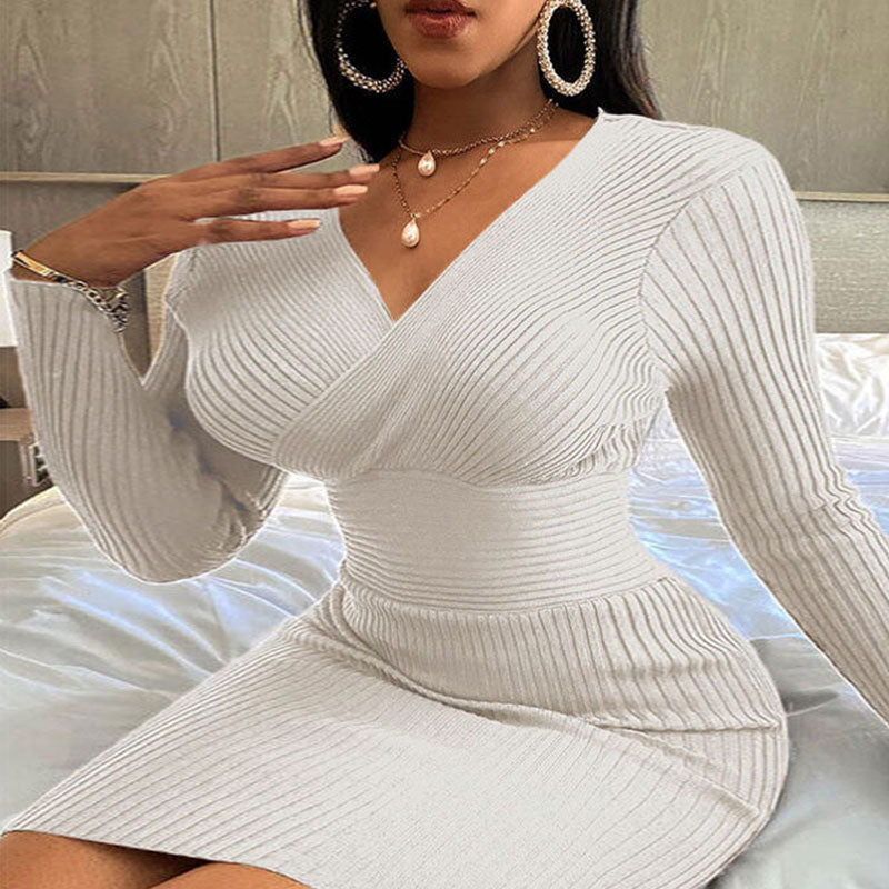 Solid Deep V-Neck Long Sleeve Ribbed Bodycon Dress