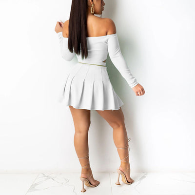 Off Shoulder Crop Top & Pleated Skirt Set