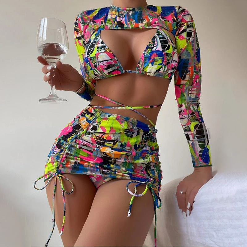 Colorful Print Drawstring 4PCS Swimsuit Set