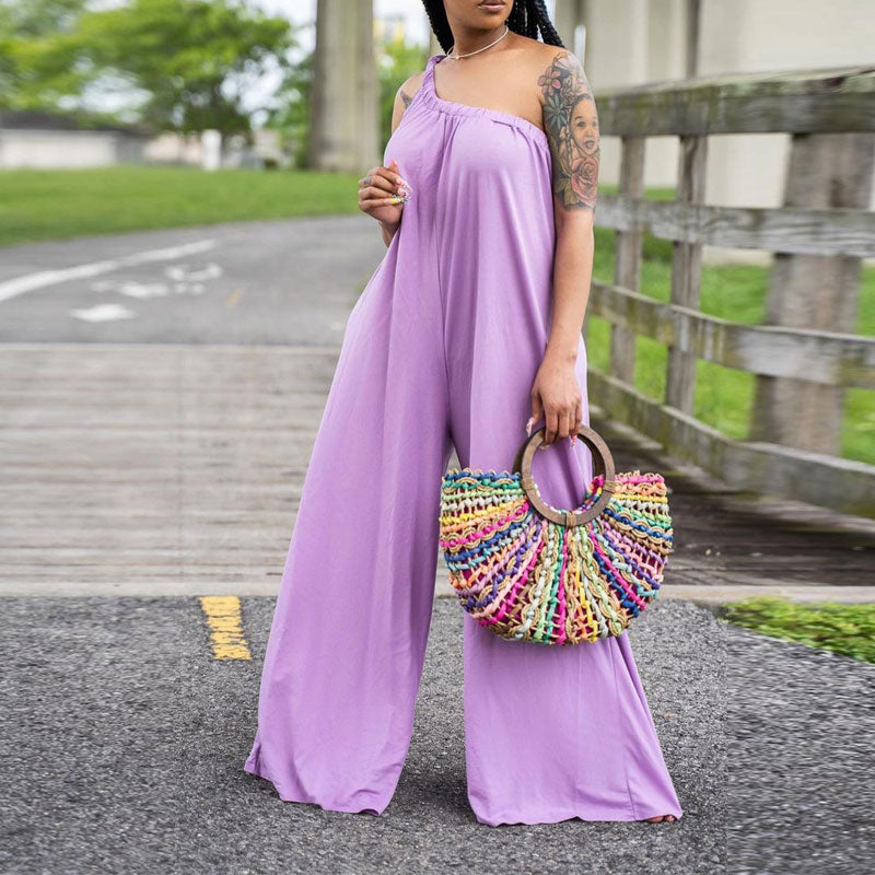 Solid One Shoulder Sleeveless Wide Leg Jumpsuit