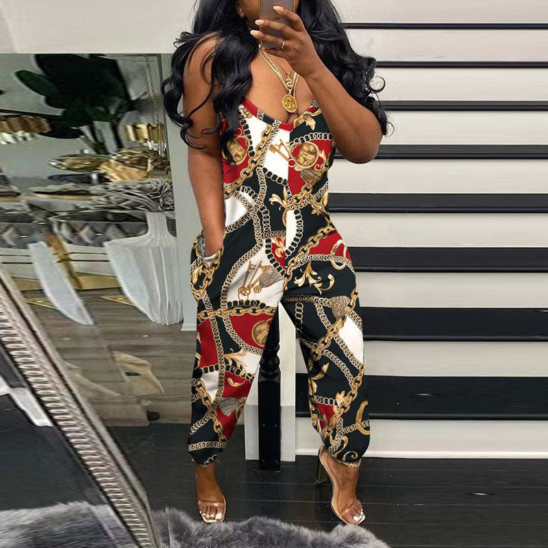 Chains Print Deep V-Neck Sleeveless Jumpsuit