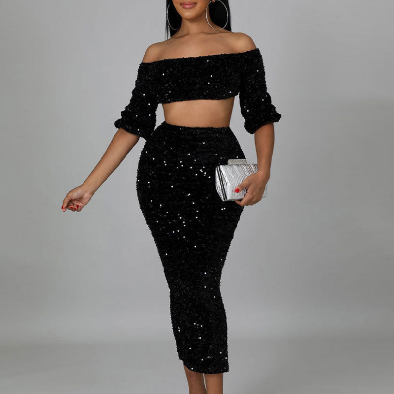 Sequins Off Shoulder Crop Top & Skirt Set