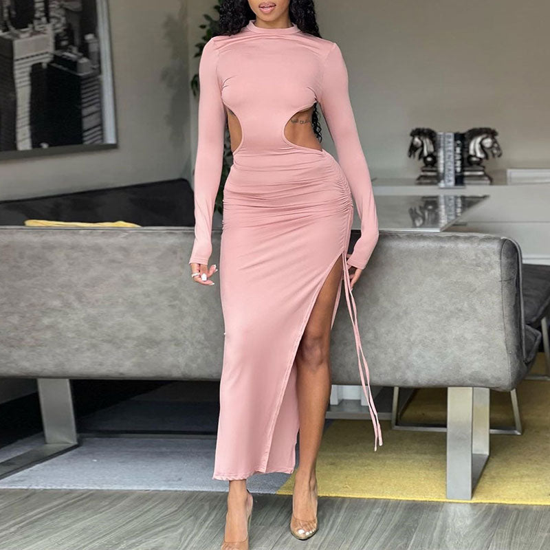 Solid Long Sleeve Cut Out High Slit Maxi Dress