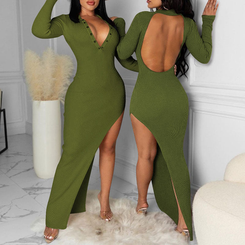 Solid V-Neck Long Sleeve Backless High Slit Dress