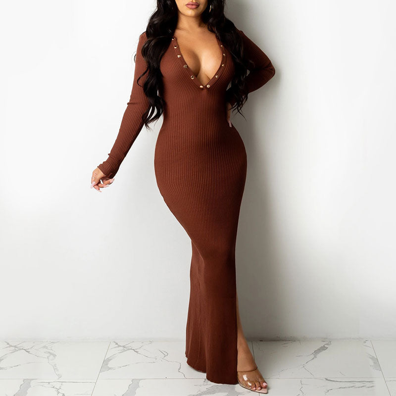 Solid V-Neck Long Sleeve Backless High Slit Dress